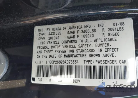 2008 Honda Accord 2.4 Ex-L z USA, uszkodzony, nr VIN 1HGCP26828A076554